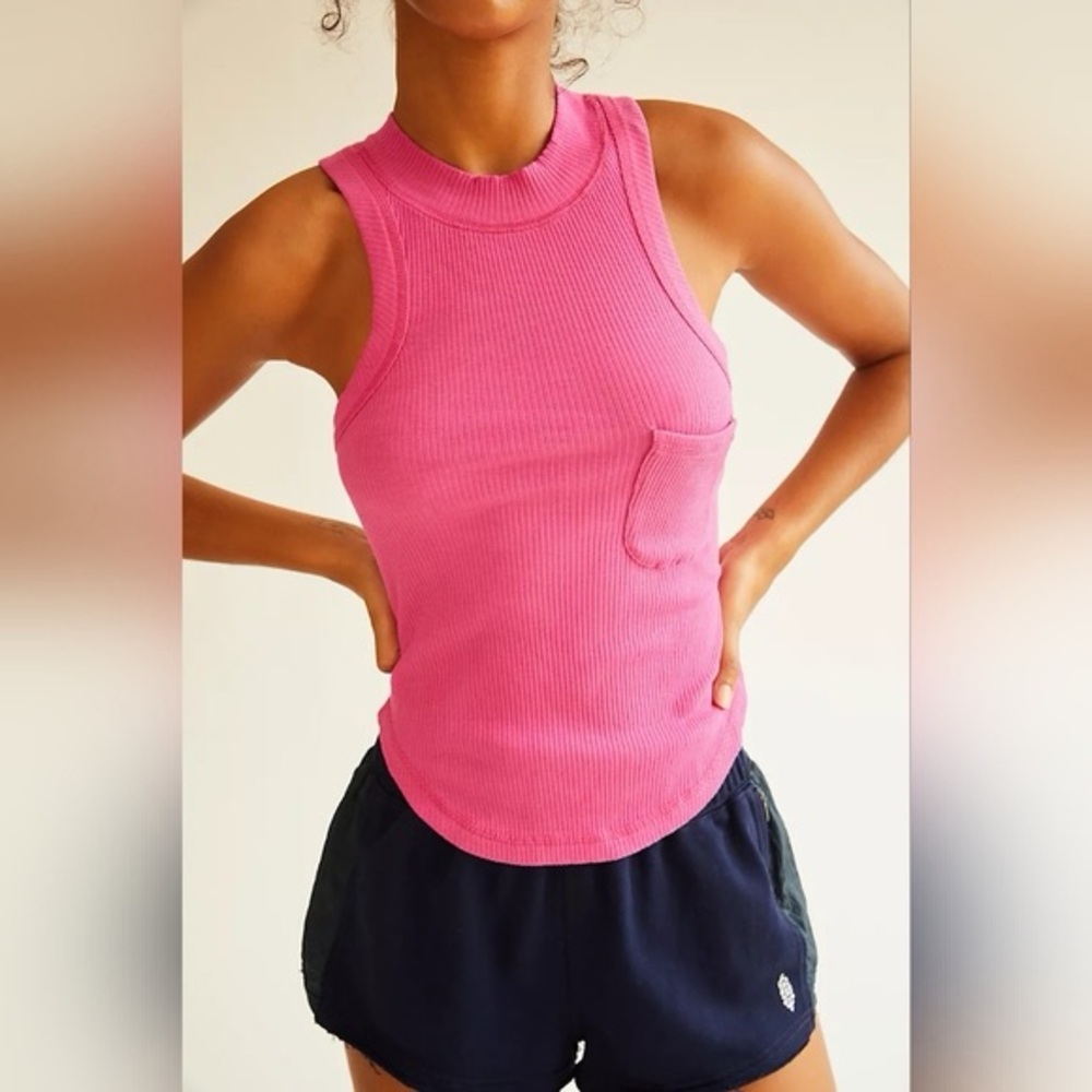 Free People Movement Wishful Solid Pink Sleeveless Pocket Crewneck Tank Top NWT